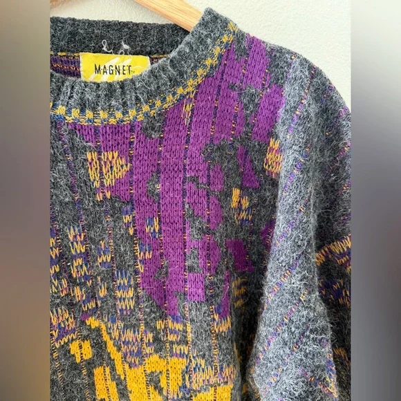 Vintage 90’s Magnet Abstract Knit Sweater Men’s L Gray Purple Yellow Blue